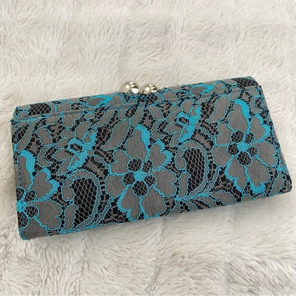 Elegant Gray and Blue Lace Clutch Wallet